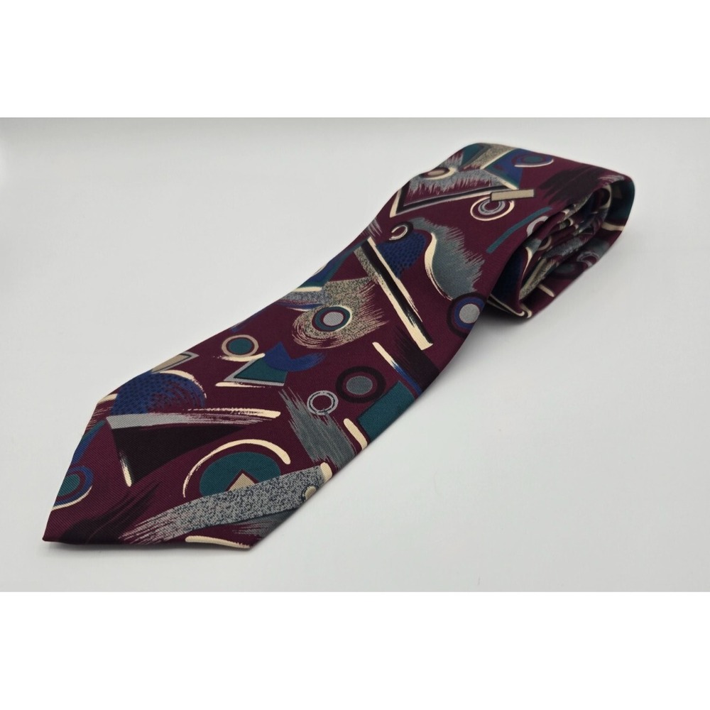 Clubfellow Necktie Men Long Burgundy Silk Abstract Geometric 90s Retro‎ Wide